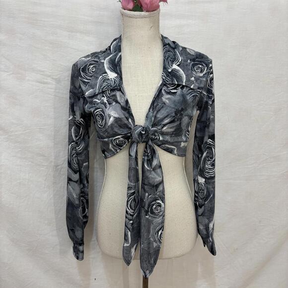 Vtg 90s/y2k cropped rose print cropped front tie blouse sz medium - Picture 2 of 8